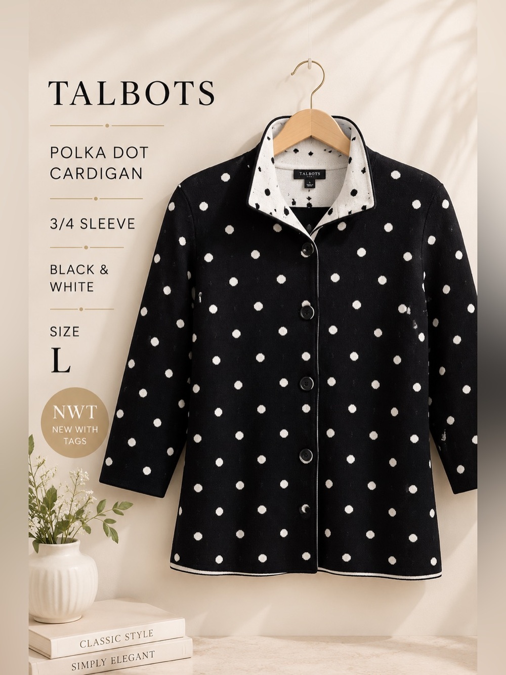 Talbots Black & White Polka Dot 3/4 Sleeve Cardigan Size L NWT